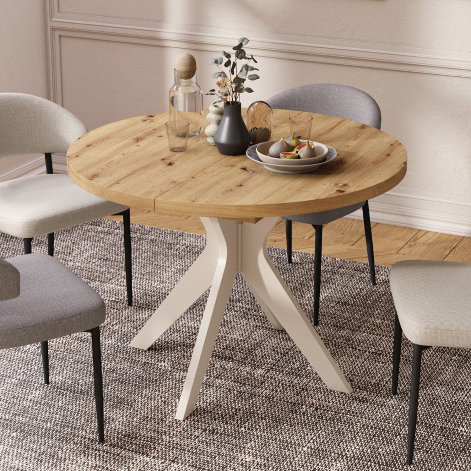 Renzo Extending Modern Dining Table – Artisan Oak / Beige
