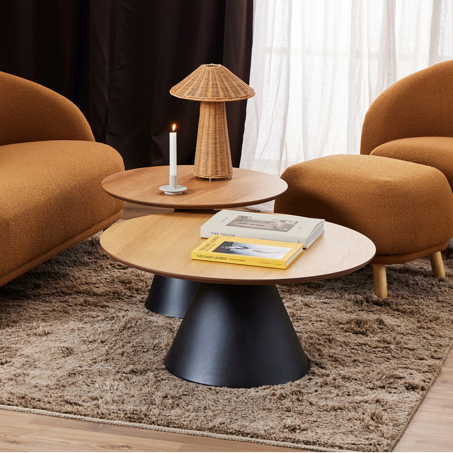 Bosco Coffee Table Round Modern Steel Base & Wood Veneer - Natural Oak / Black