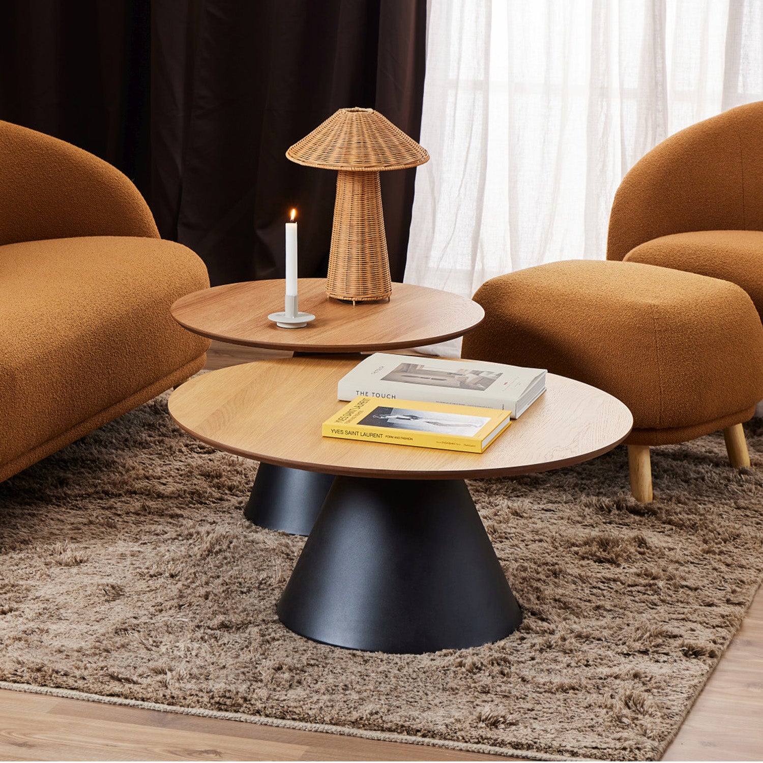 Bosco Coffee Table Round Modern Steel Base & Wood Veneer - Natural Oak / Black