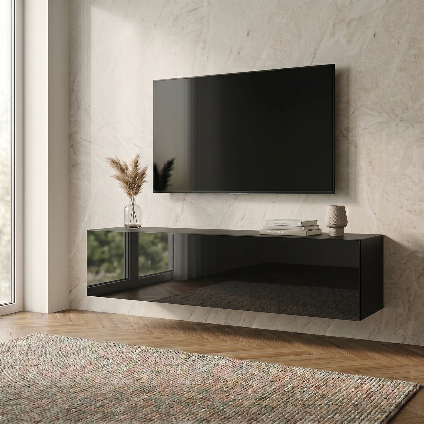 Joyce Wall Mounted TV Unit Modern Plain Gloss Finish 150cm - Black Gloss