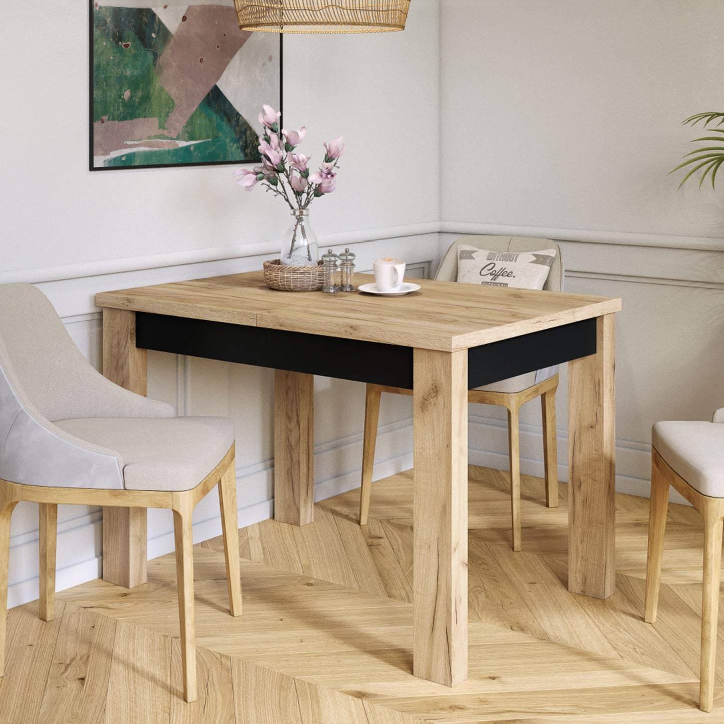 Fonte 110 Modern Extending Dining Table - Gold Craft Oak / Black Matt