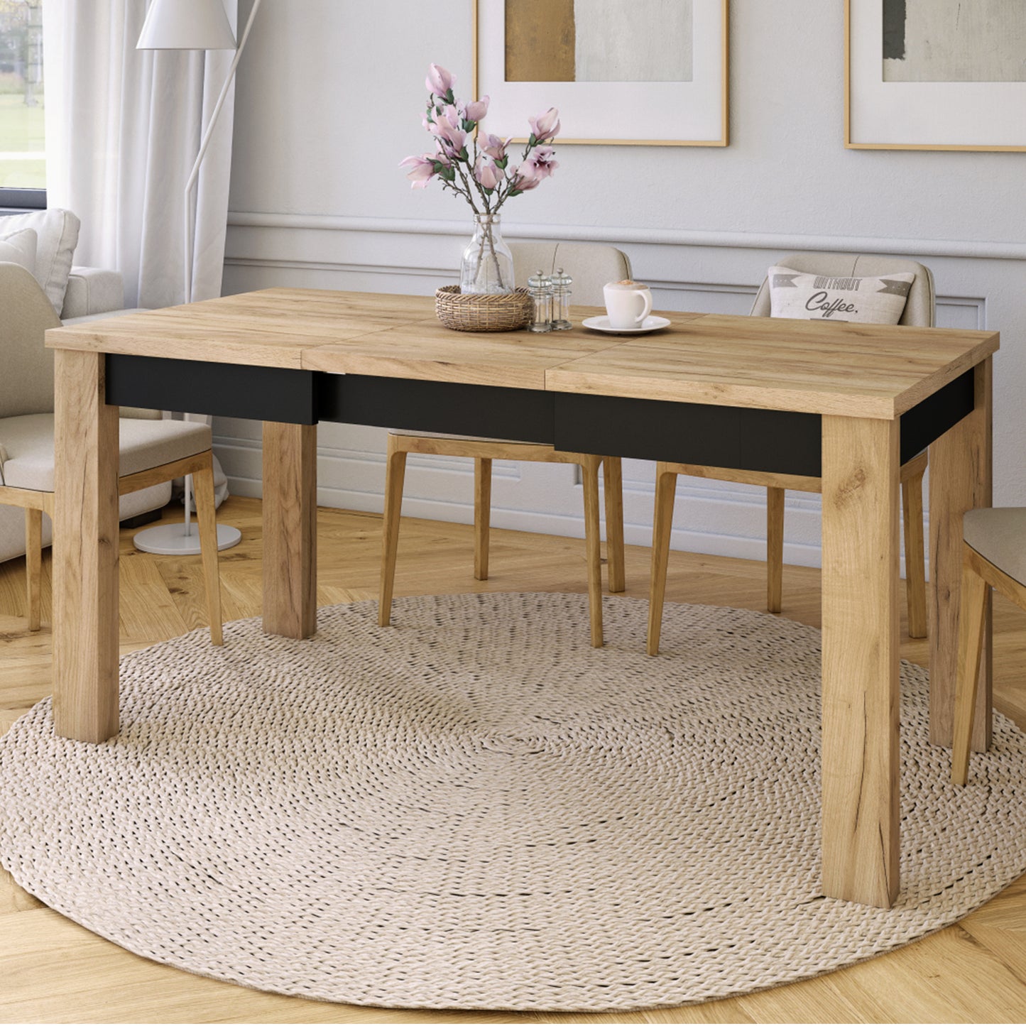 Fonte 110 Modern Extending Dining Table - Gold Craft Oak / Black Matt