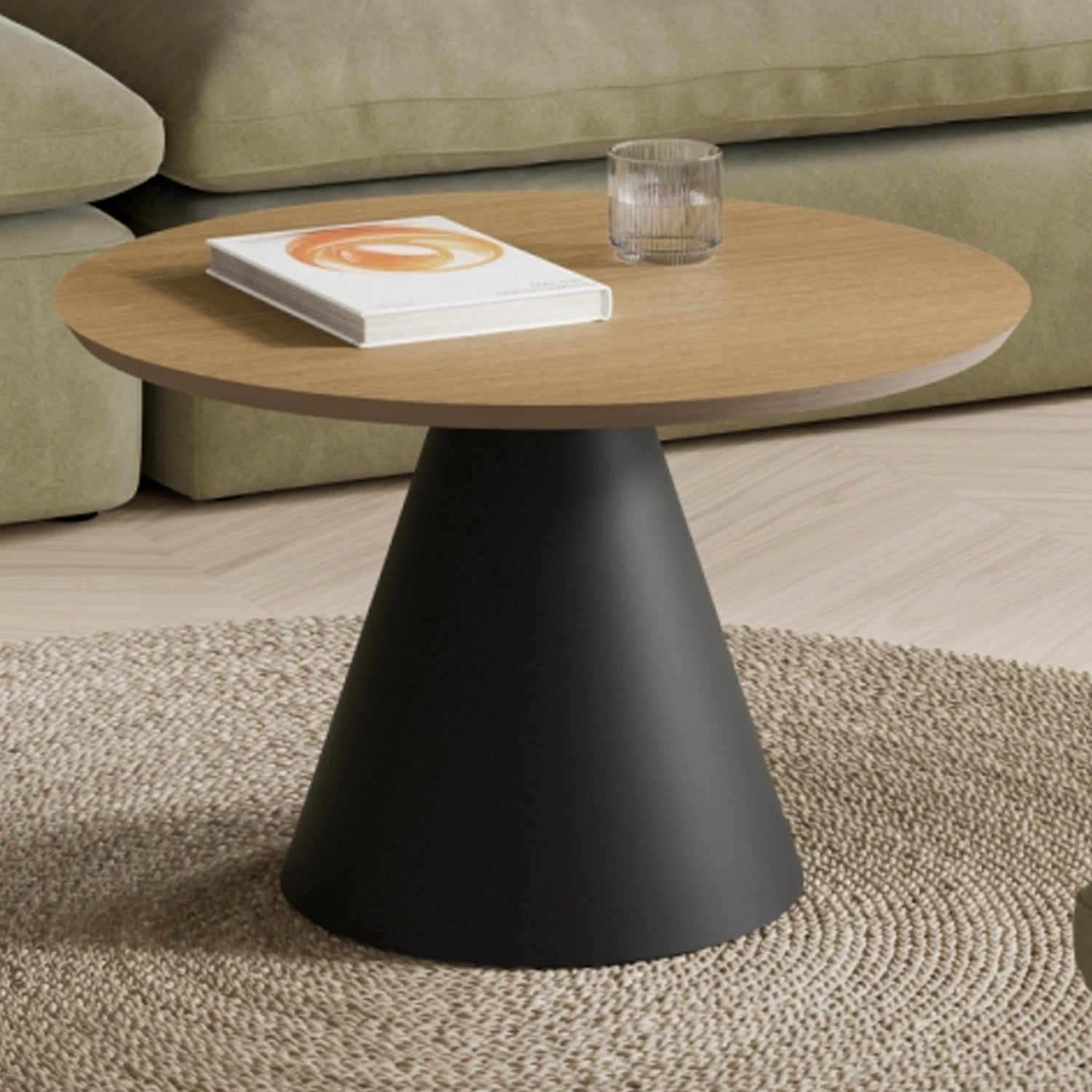 Bosco Coffee Table Round Modern Steel Base & Wood Veneer - Natural Oak / Black