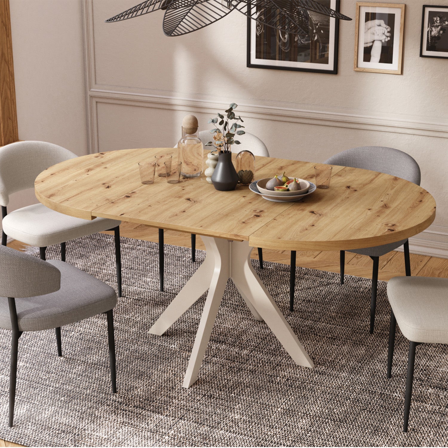 Renzo Extending Modern Dining Table – Artisan Oak / Beige
