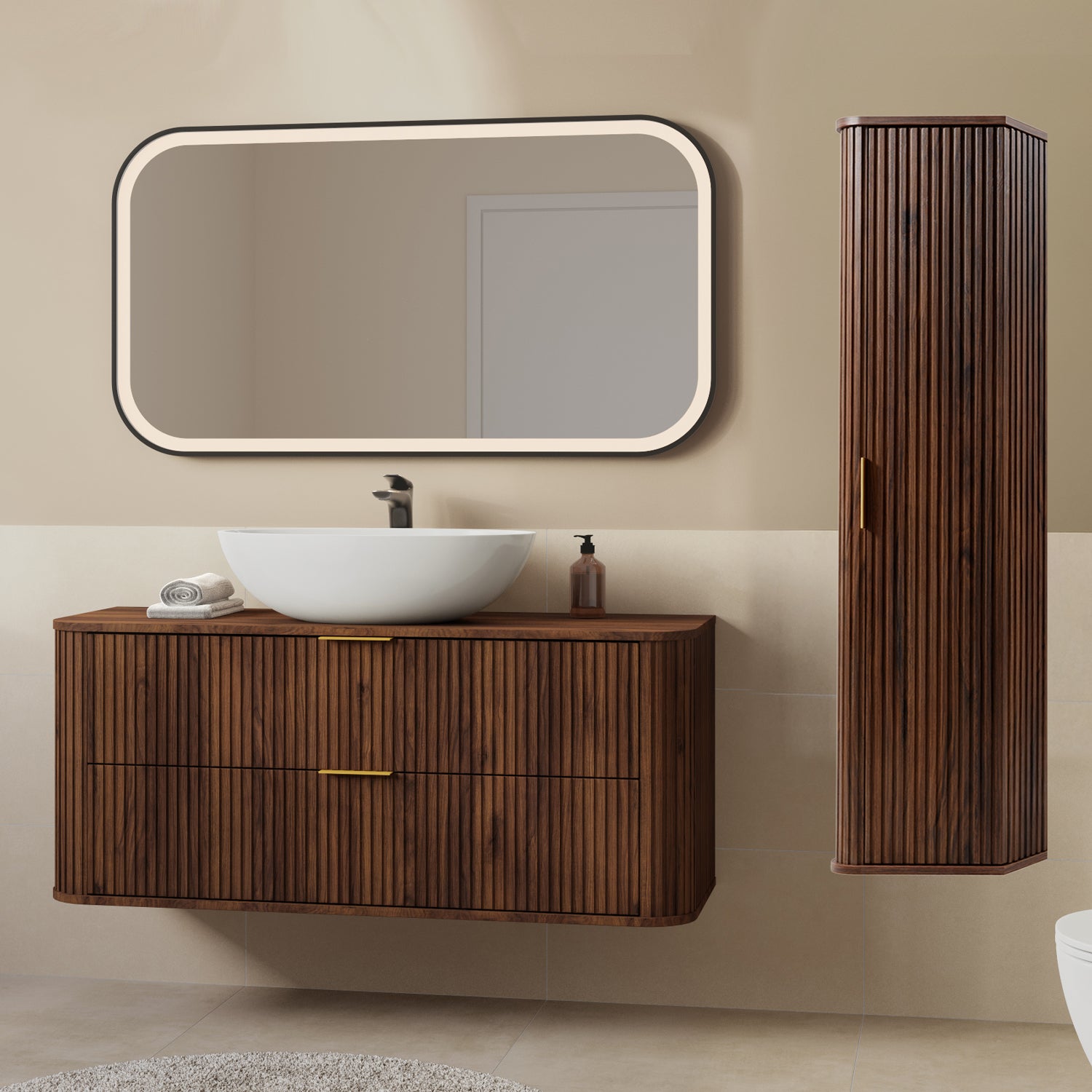Elegance Glamour Style 2 Bathroom Cabinets Set 120cm Vanity Unit & Tall Cabinet - Walnut