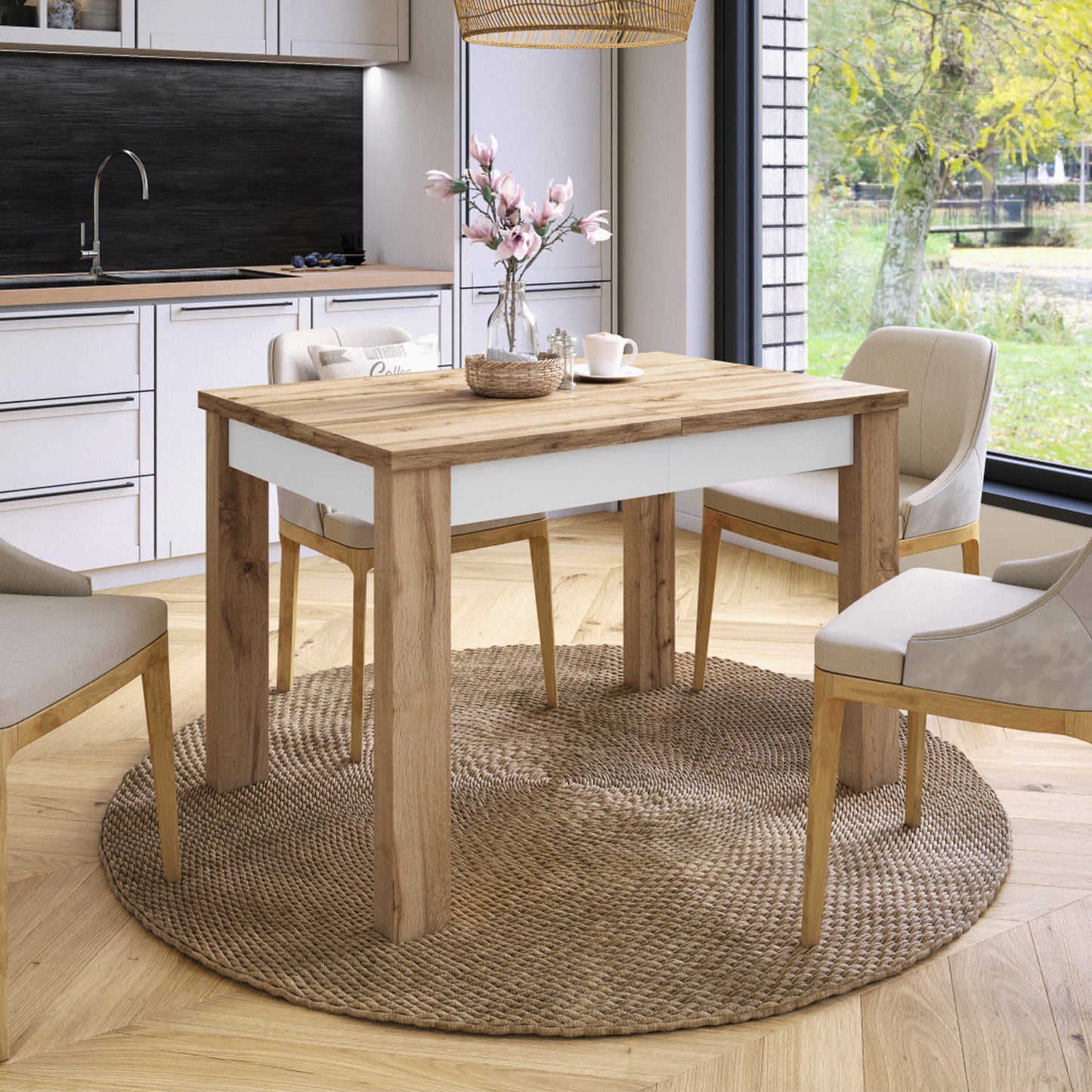 Fonte 110 Modern Extending Dining Table - Wotan Oak / White Matt