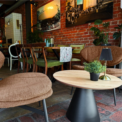 Bosco Coffee Table Round Modern Steel Base & Wood Veneer - Natural Oak / Black