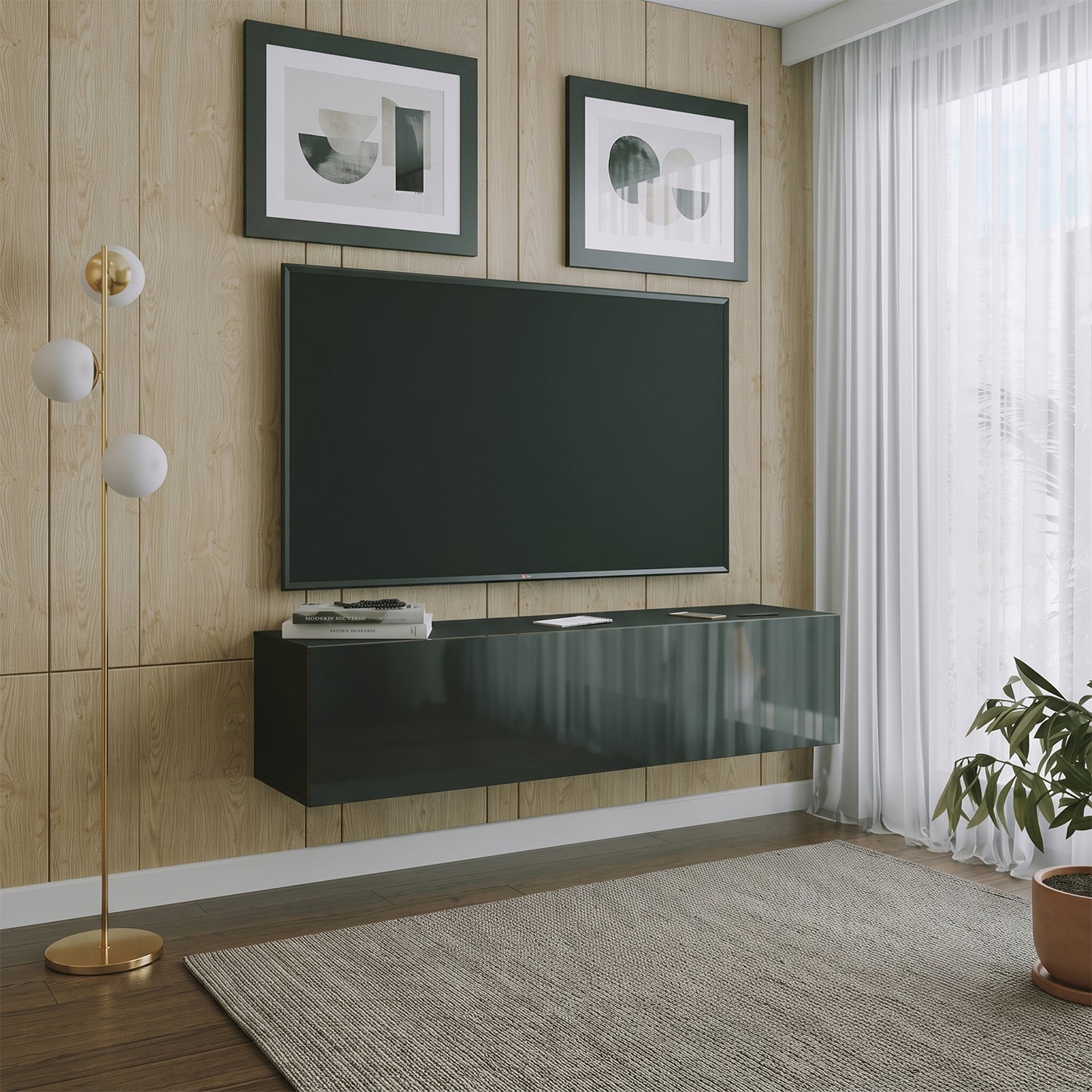Joyce Wall Mounted TV Unit Modern Plain Gloss Finish 150cm - Black Gloss