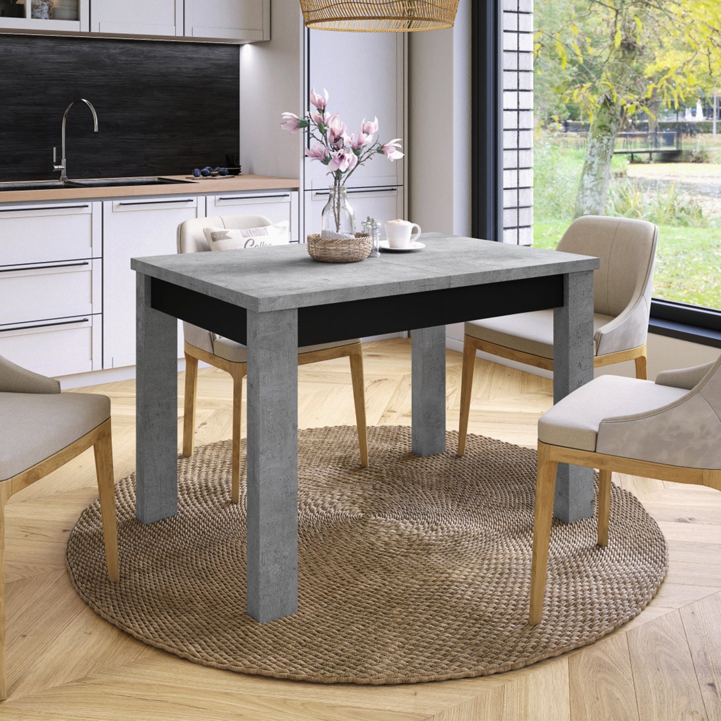 Fonte 110 Modern Extending Dining Table - Concrete / Black Matt
