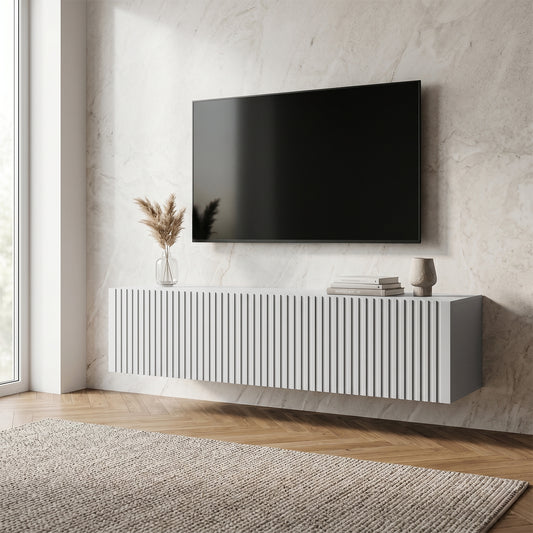 Joyce Wall Mounted TV Unit Modern Fluted Matt Finish 150cm - White Matt