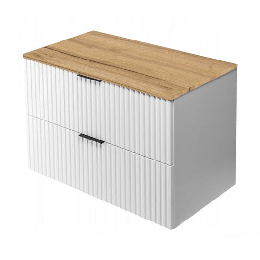 Flow Wall-Mounted 2 Drawer Bathroom Vanity Cabinet with Worktop 80cm - White / Gold Craft Oak