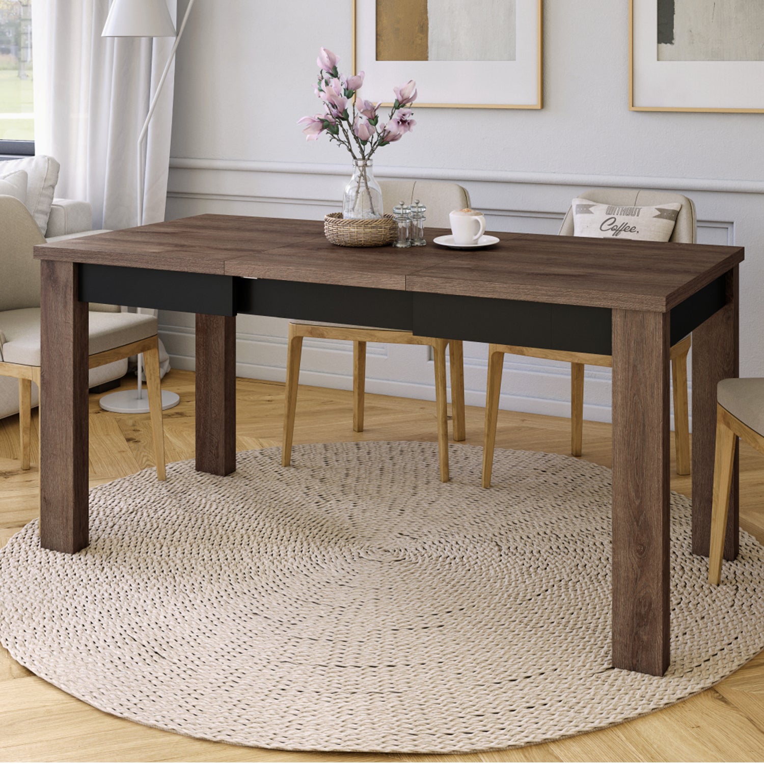 Fonte 110 Modern Extending Dining Table - Brown Oak / Black Matt