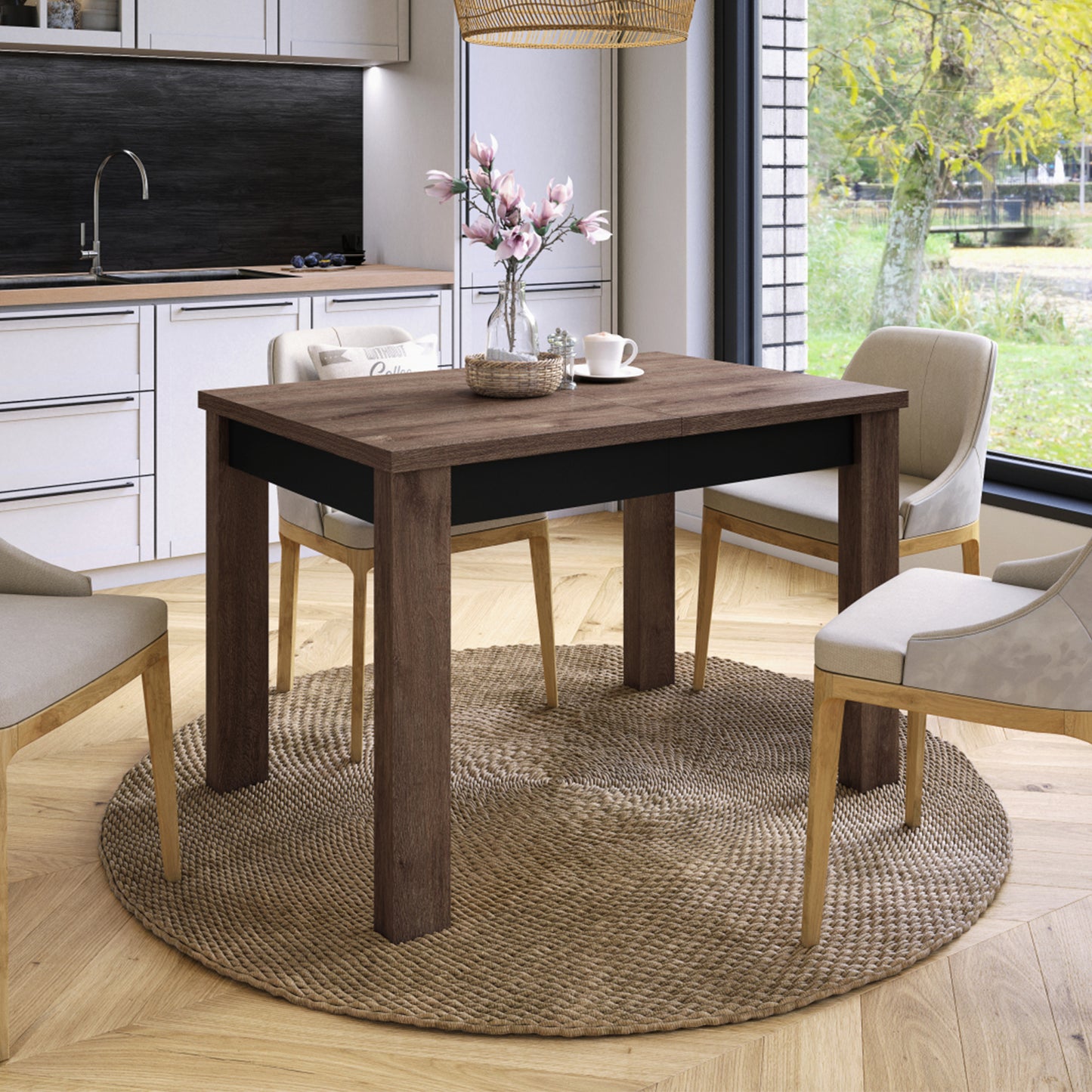 Fonte 110 Modern Extending Dining Table - Brown Oak / Black Matt