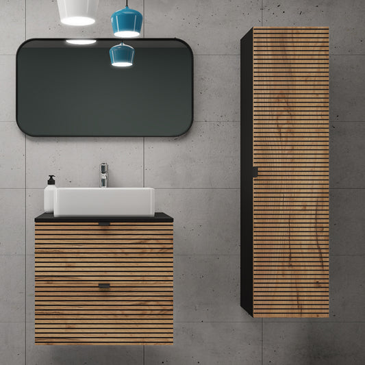 Loft Modern Style Ribbed Door Bathroom Cabines Vanity Units Set with Worktop 60cm & 35cm - Gold Craft Oak