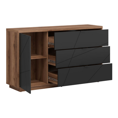 Faisa Chest of Drawers 156cm with Doors and 3 Drawers - Dark Delano Oak / Black Matt