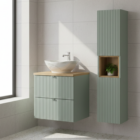 Line Reed Bathroom Wall Mounted 60cm Vanity Unit Set with Tall Cabinet and Worktop Basin - Sage / Oak