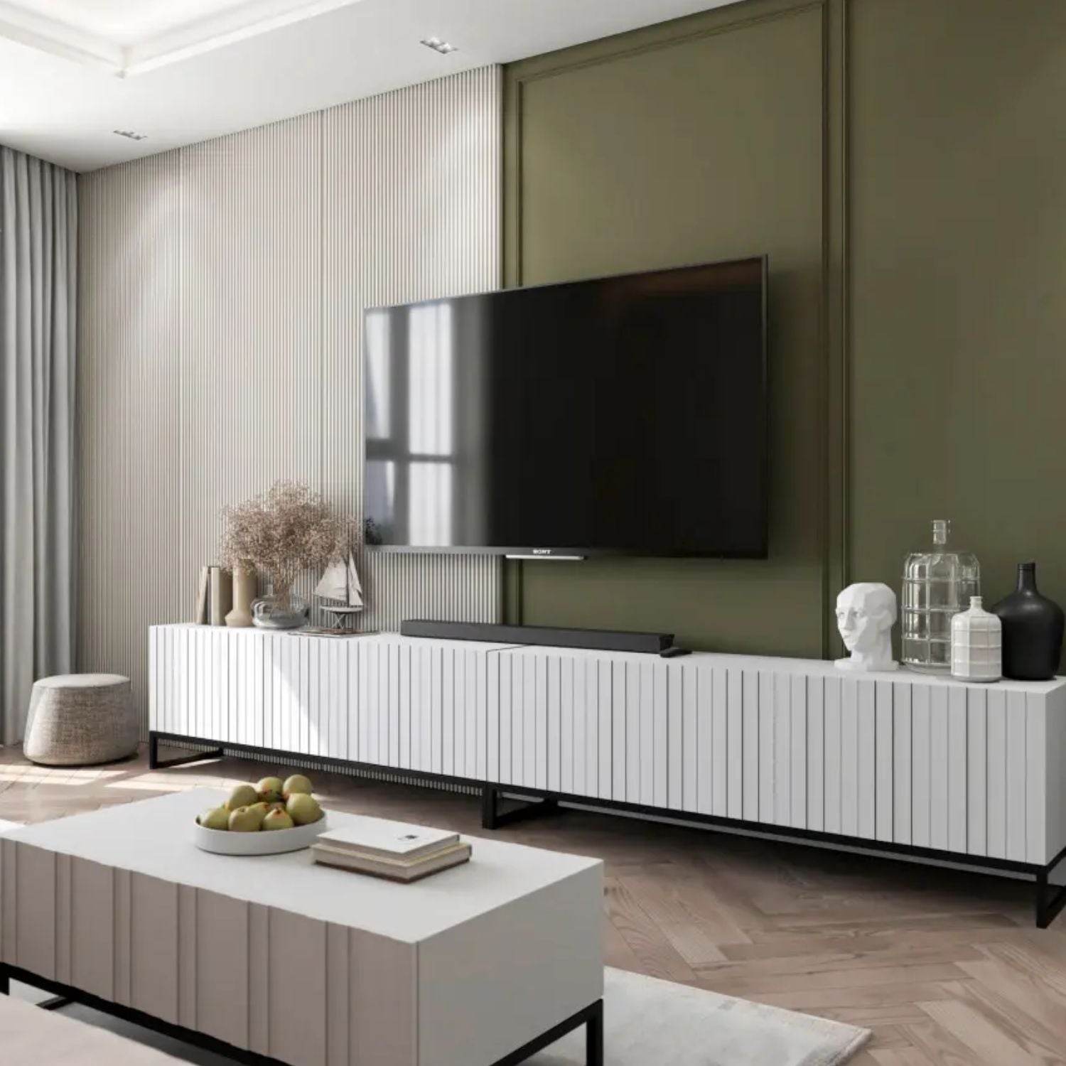 Elpis Glamour TV Cabinet Media Unit Extra Long 300 cm - White Matt / Black Frame