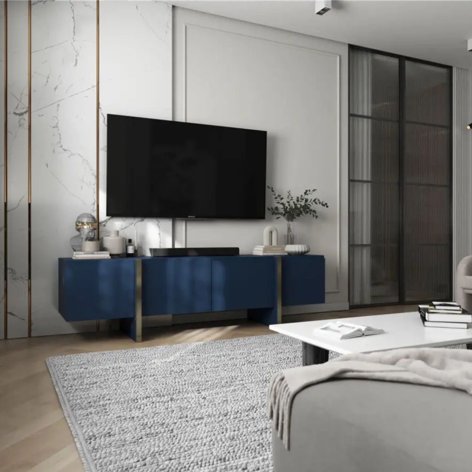 KYOTO Glamour Modern Loft Style TV Cabinet 180 cm TV Stand - Blue