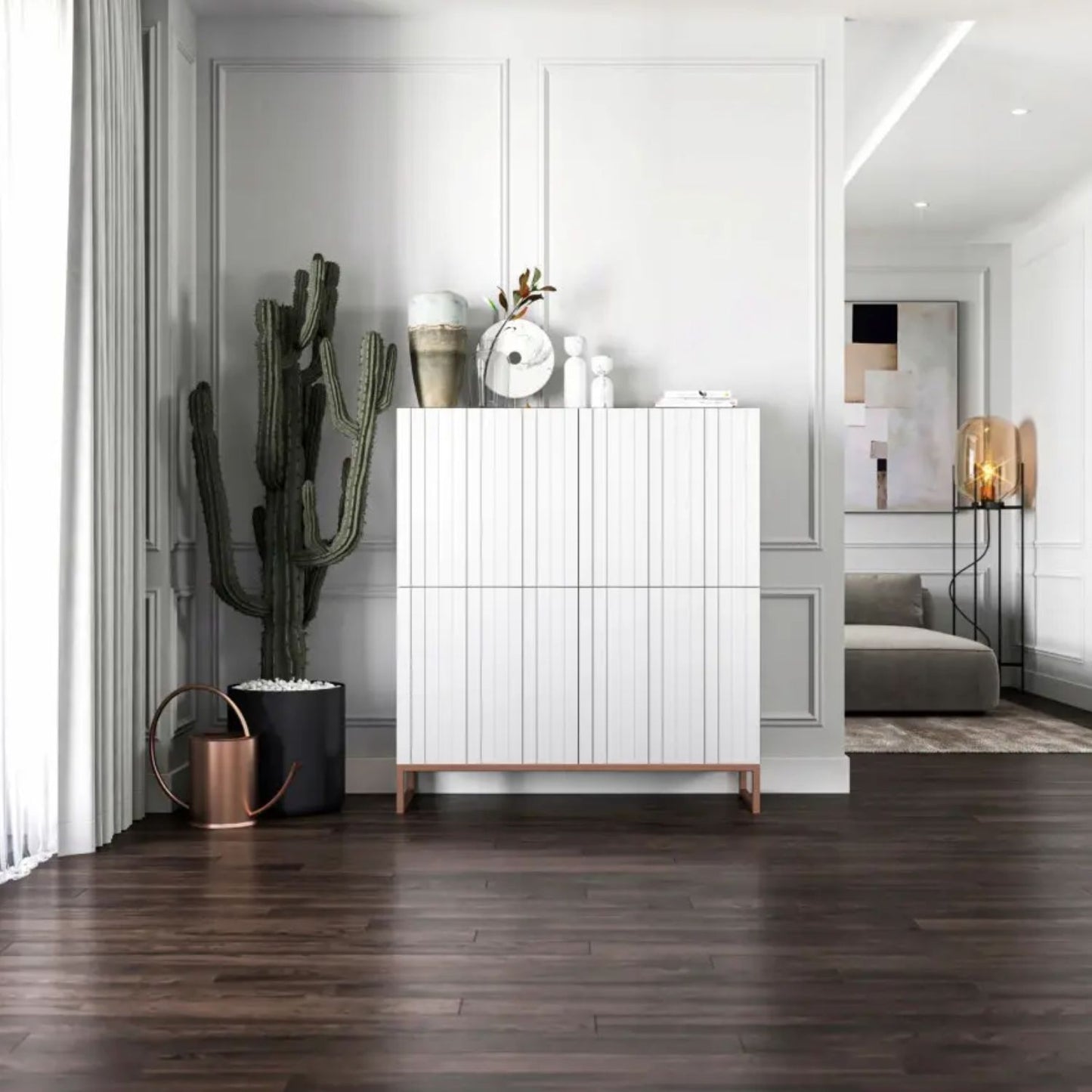 Elpis Glamour Sideboard Push-to-Open Cabinet - White Matt / Copper Frame