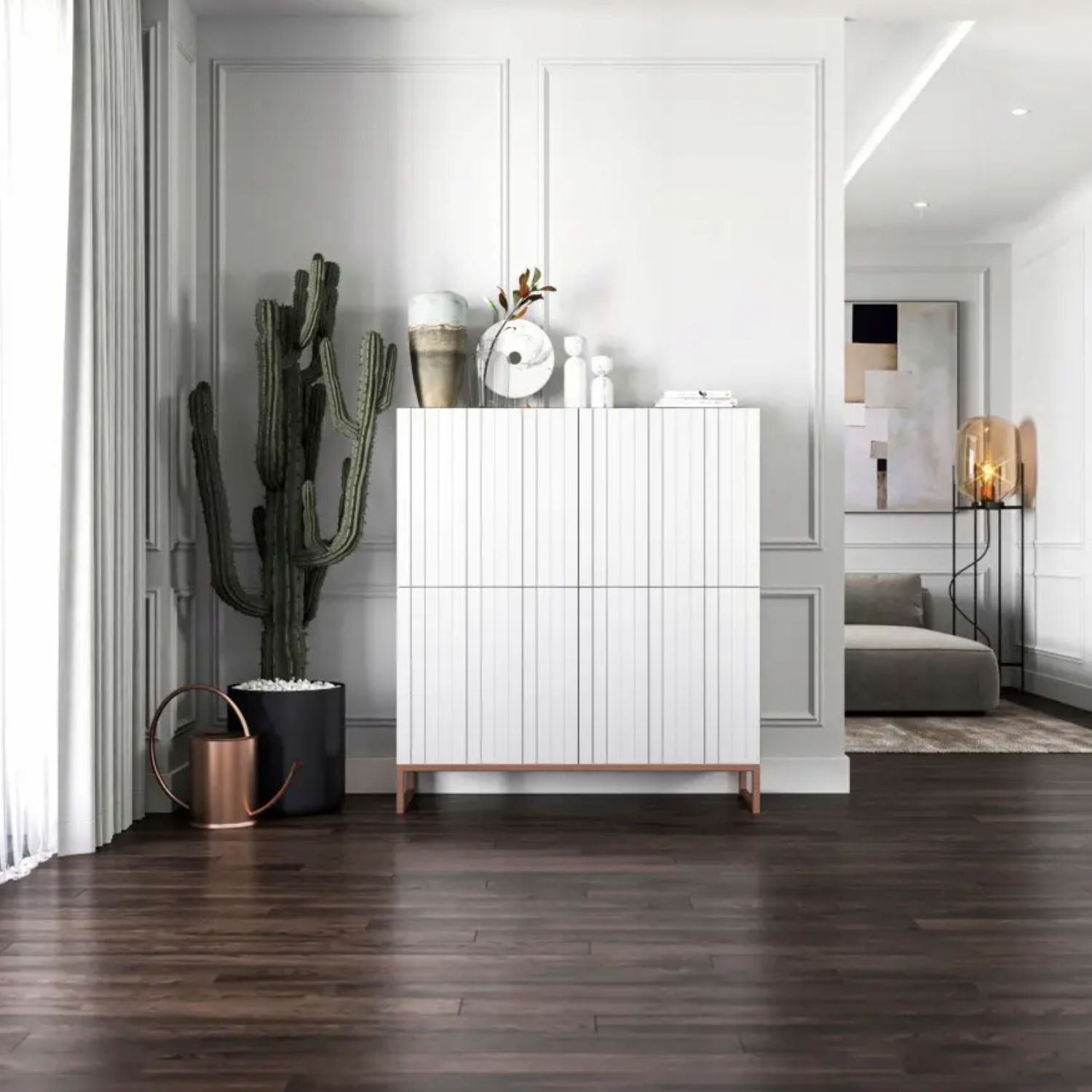 Elpis Glamour Sideboard Push-to-Open Cabinet - White Matt / Copper Frame