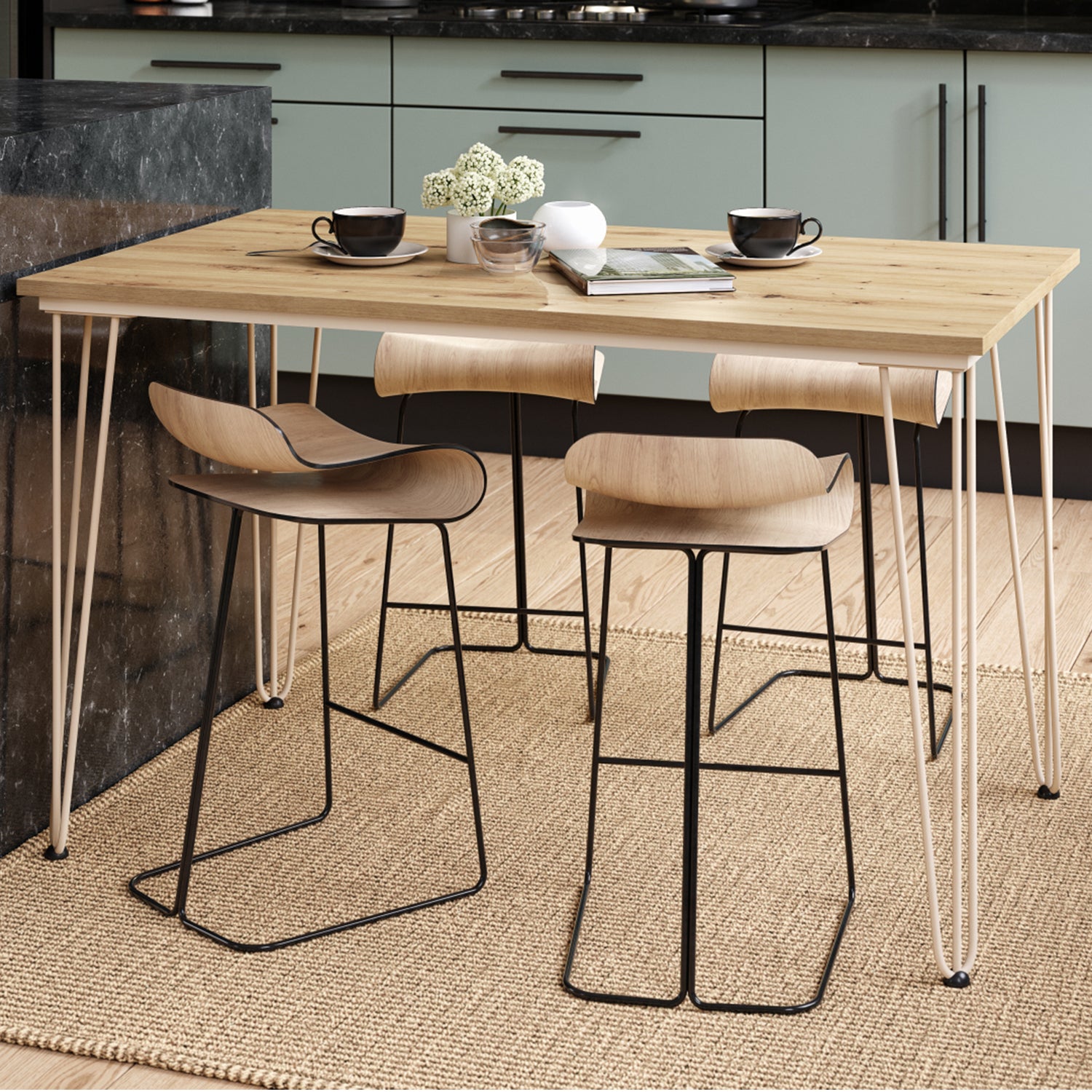 Hairpin S-120 Modern Dining Table - Artisan Oak / Beige