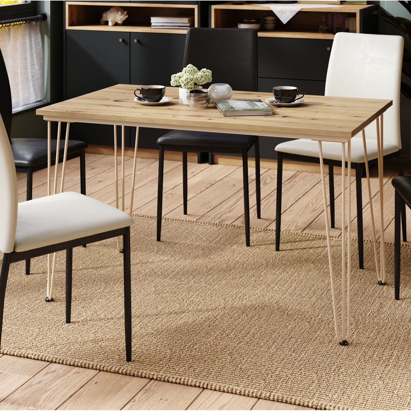 Hairpin S-120 Modern Dining Table - Artisan Oak / Beige