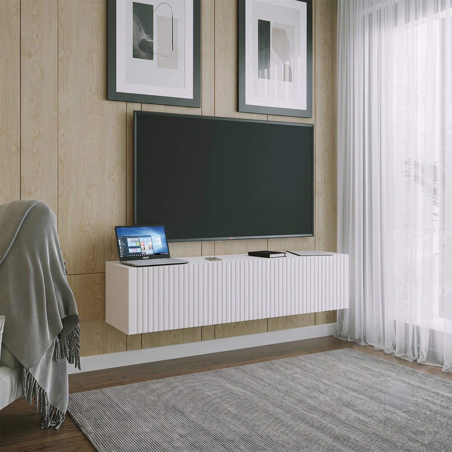 Joyce Wall Mounted TV Unit Modern Fluted Matt Finish 150cm - White Matt