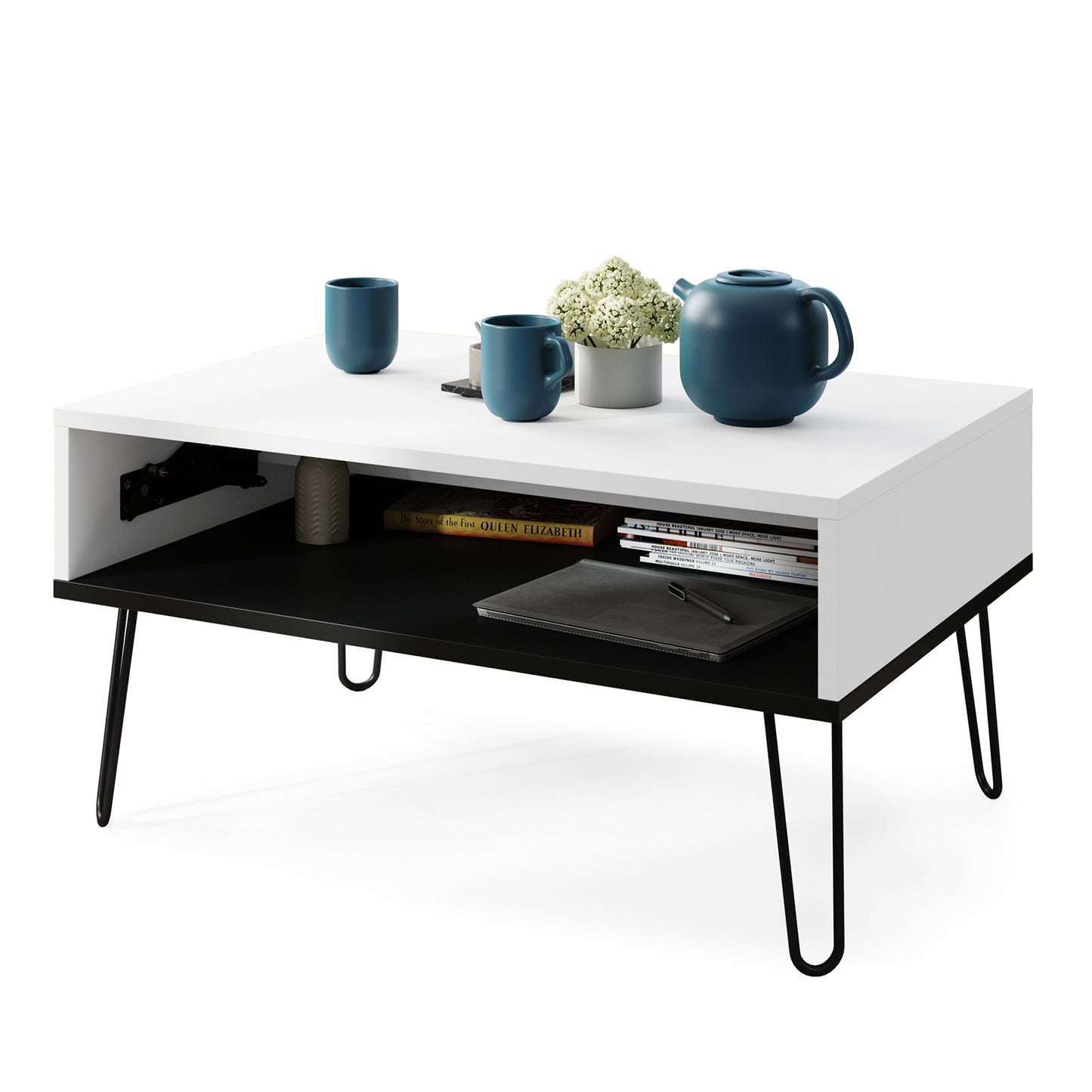 Hairpin S-90 Modern Lift Top Coffee Table - White / Black
