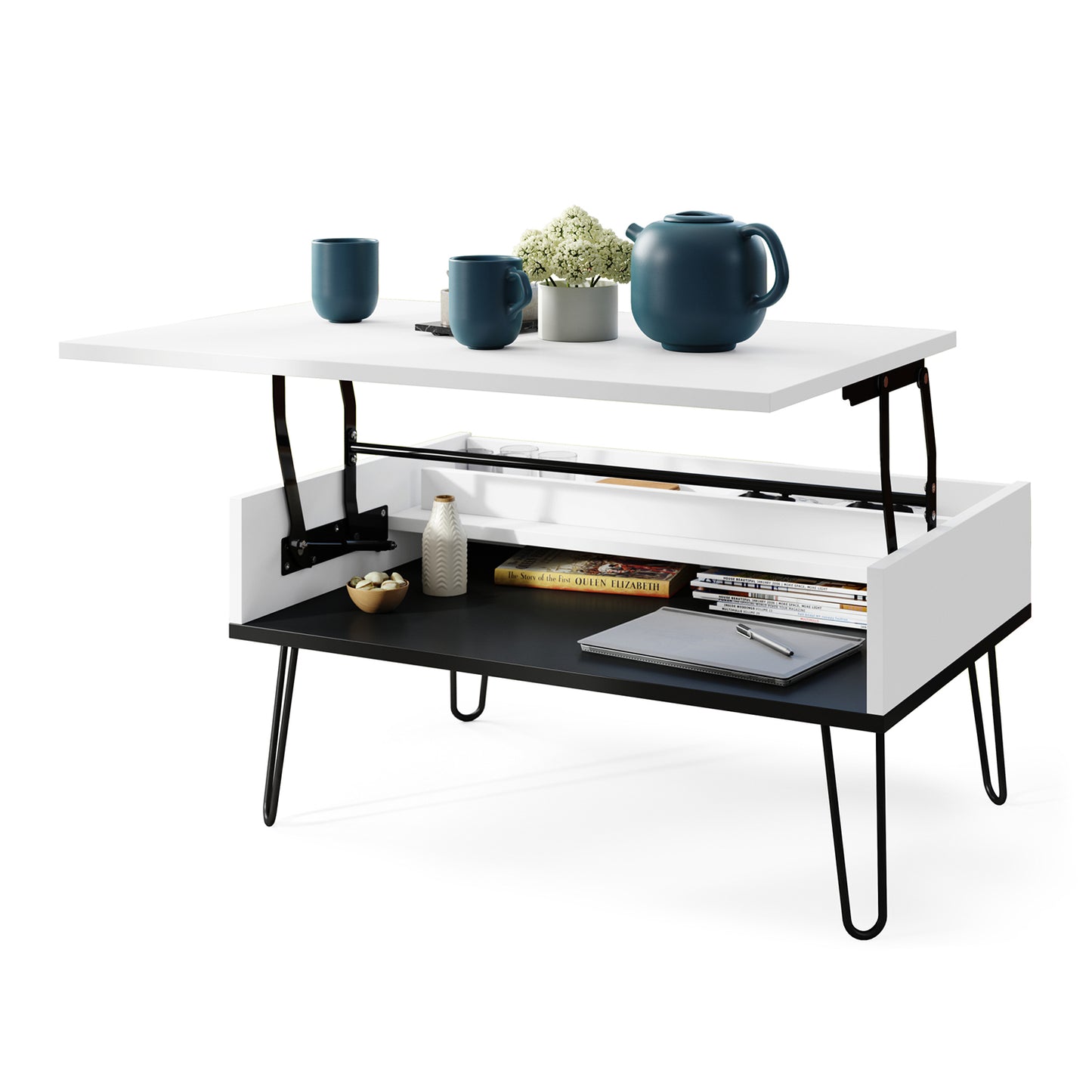 Hairpin S-90 Modern Lift Top Coffee Table - White / Black