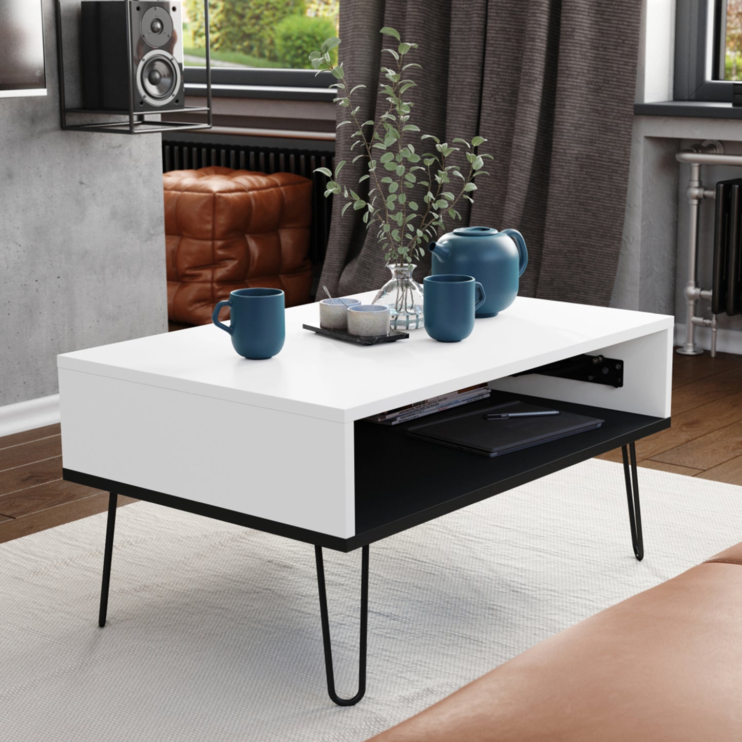 Hairpin S-90 Modern Lift Top Coffee Table - White / Black
