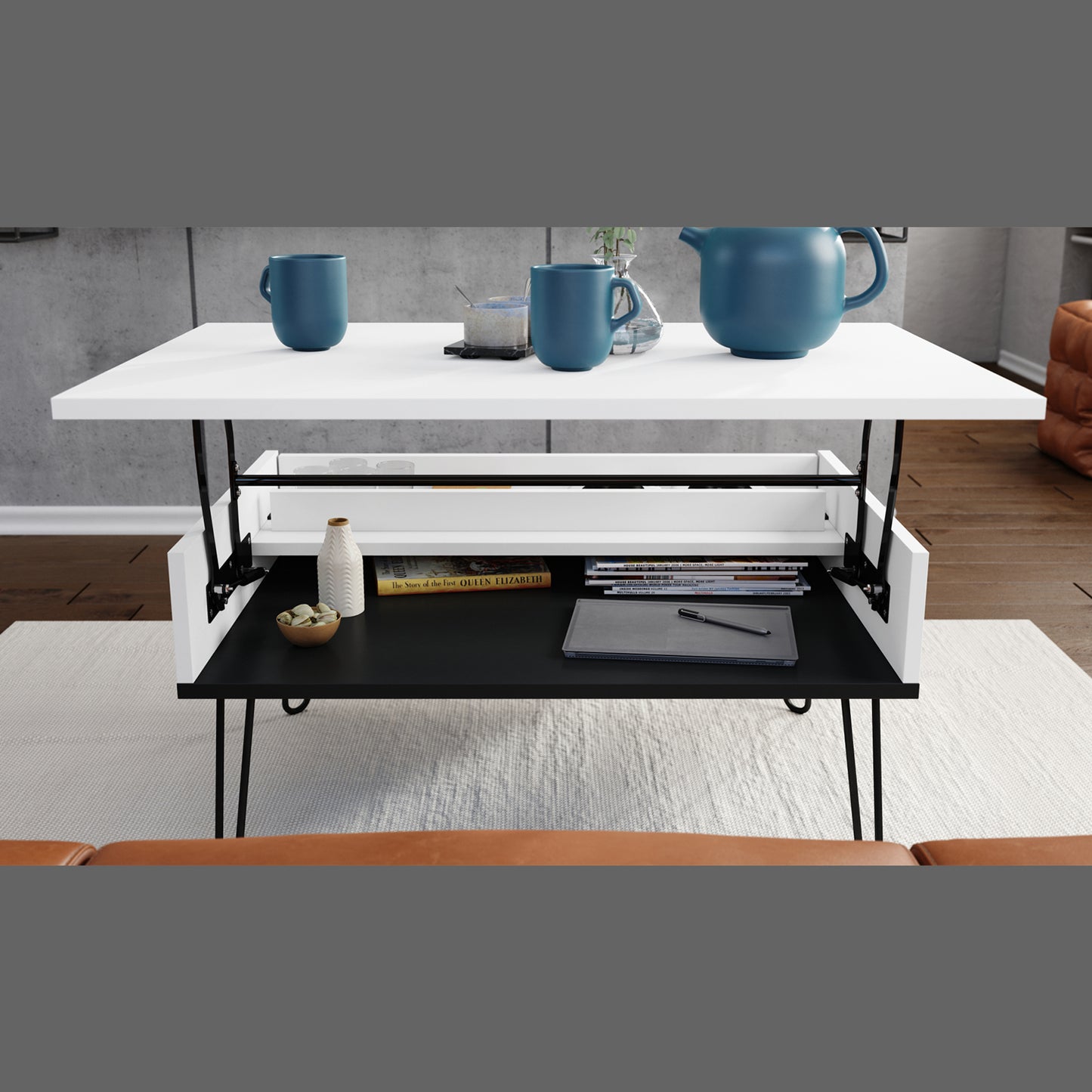 Hairpin S-90 Modern Lift Top Coffee Table - White / Black