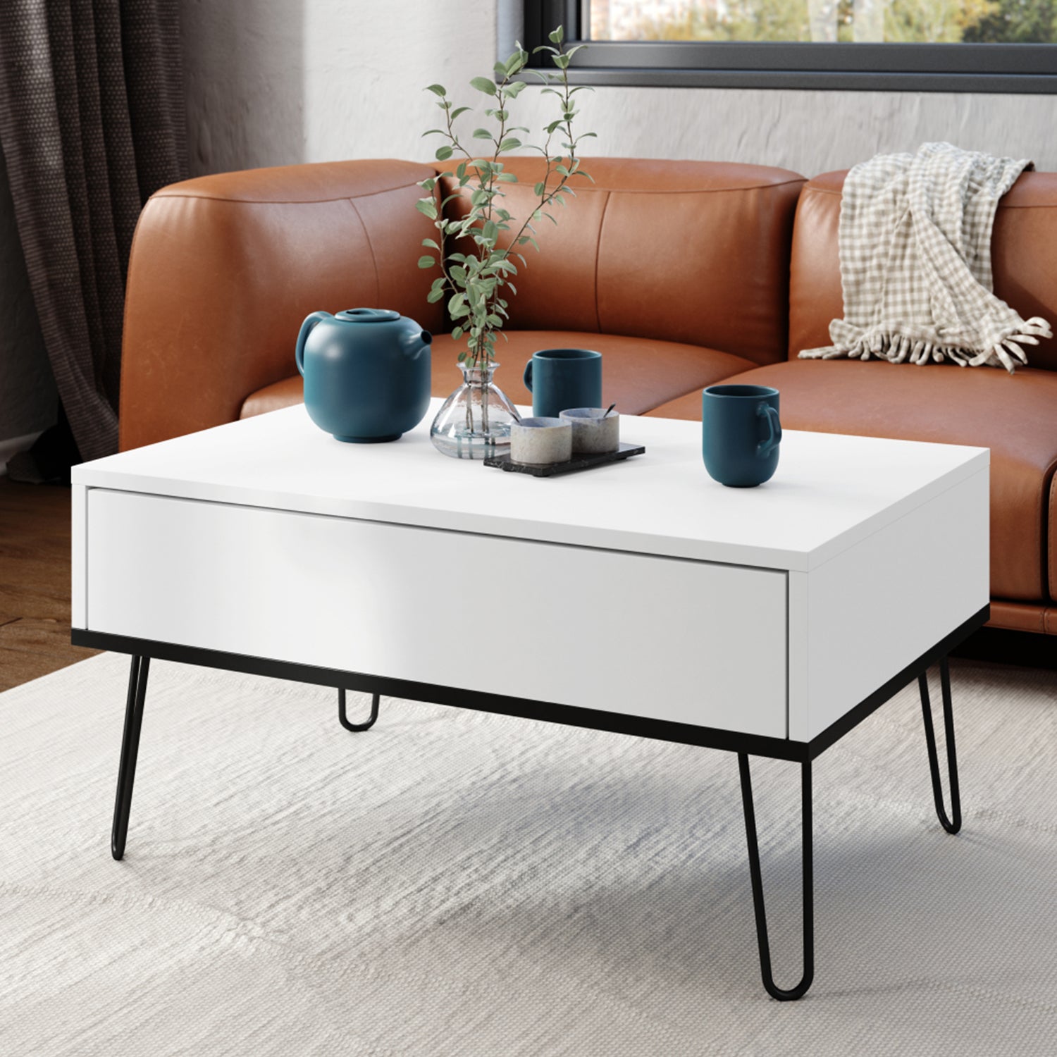 Hairpin S-90 Modern Lift Top Coffee Table - White / Black