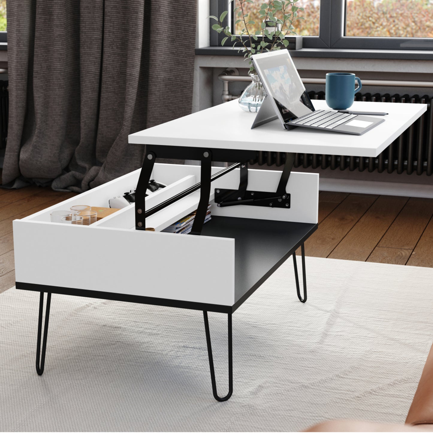 Hairpin S-90 Modern Lift Top Coffee Table - White / Black