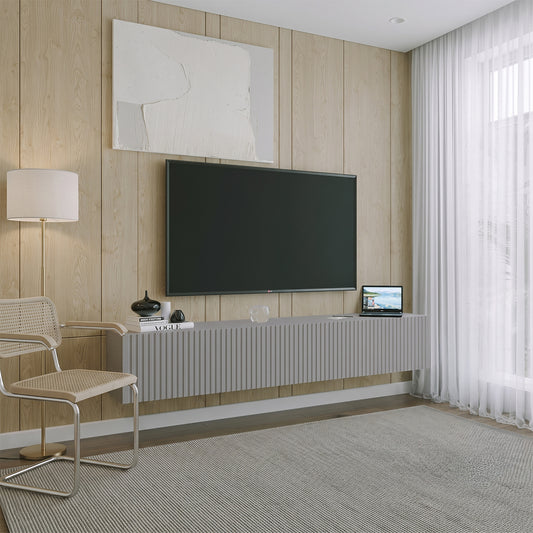 Joyce Wall Mounted TV Unit Modern Fluted Matt Finish 200cm - Arctic Grey