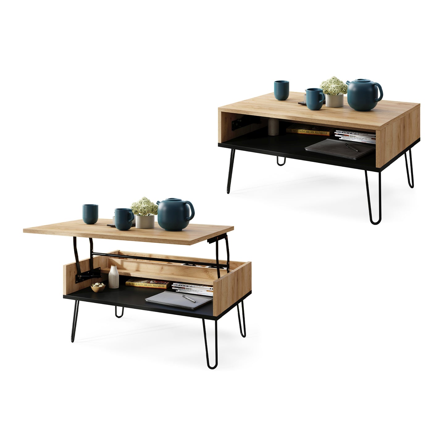 Hairpin S-90 Modern Lift Top Coffee Table - Gold Craft Oak / Black