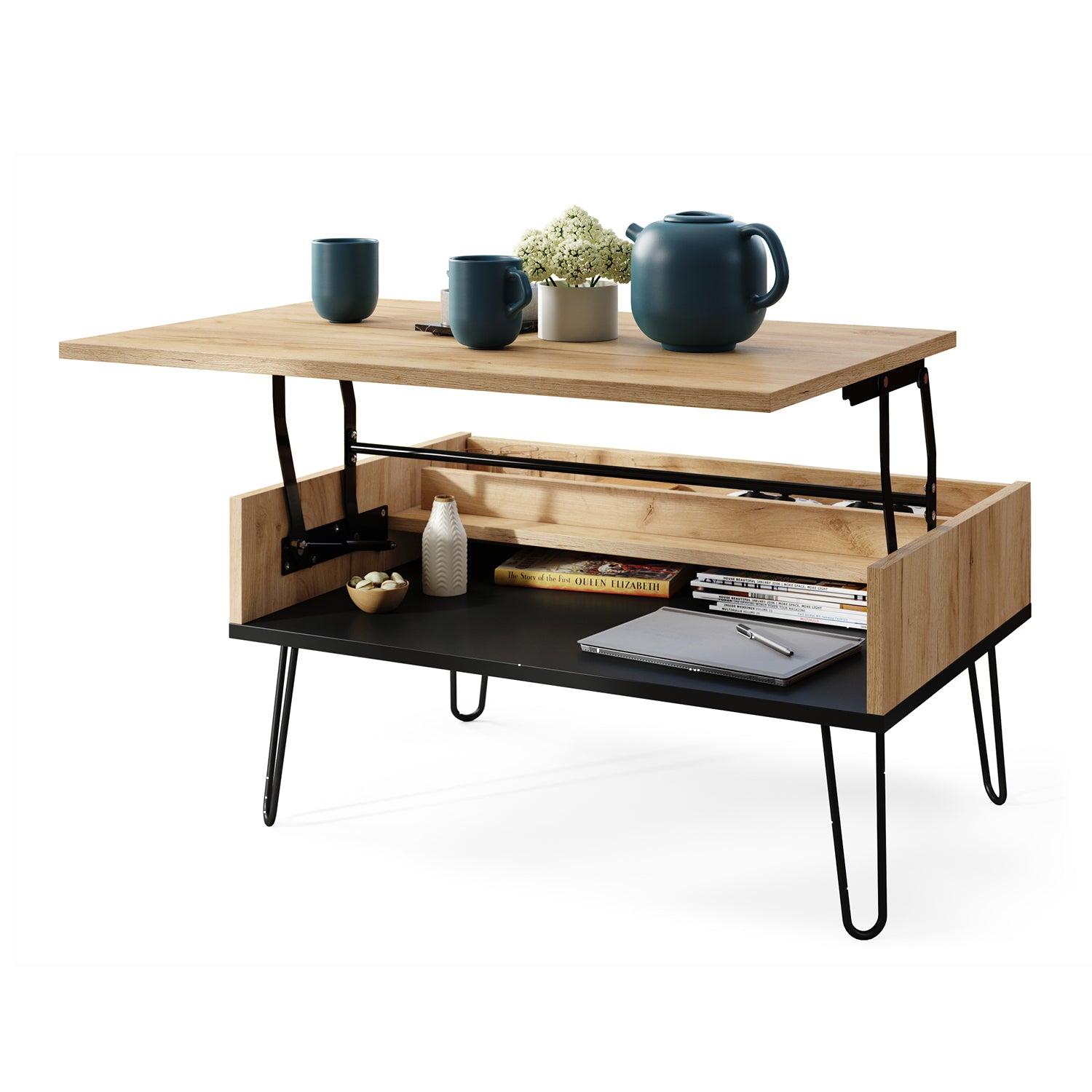 Hairpin S-90 Modern Lift Top Coffee Table - Gold Craft Oak / Black