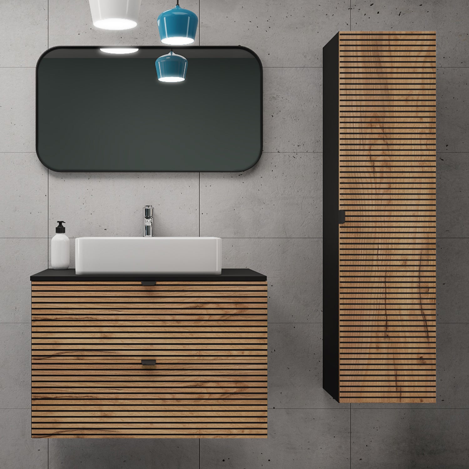 Loft Modern Style Ribbed Door Bathroom Cabines Vanity Units Set with Worktop 80cm & 35cm - Gold Craft Oak