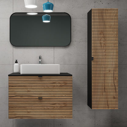 Loft Modern Style Ribbed Door Bathroom Cabines Vanity Units Set with Worktop 80cm & 35cm - Gold Craft Oak