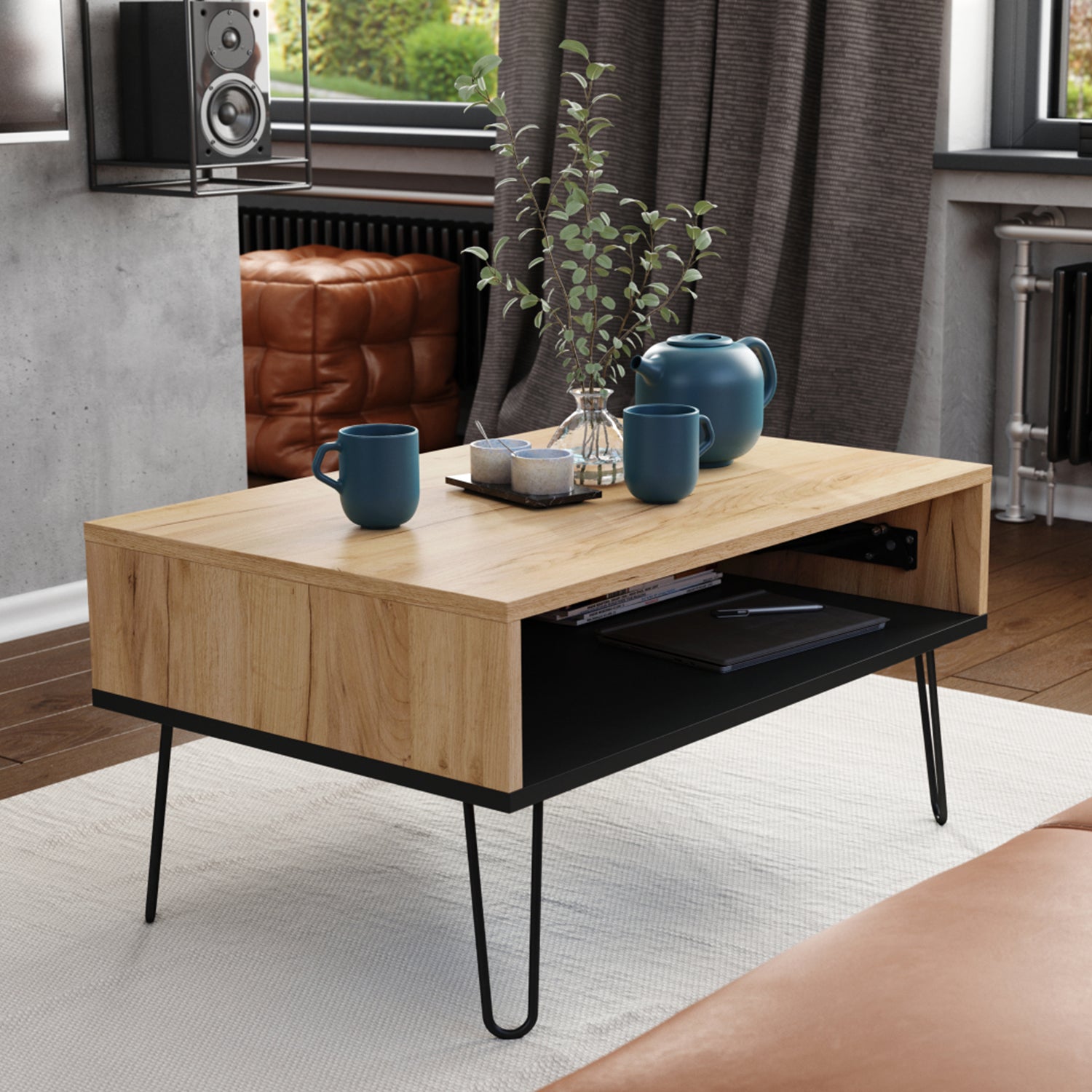 Hairpin S-90 Modern Lift Top Coffee Table - Gold Craft Oak / Black