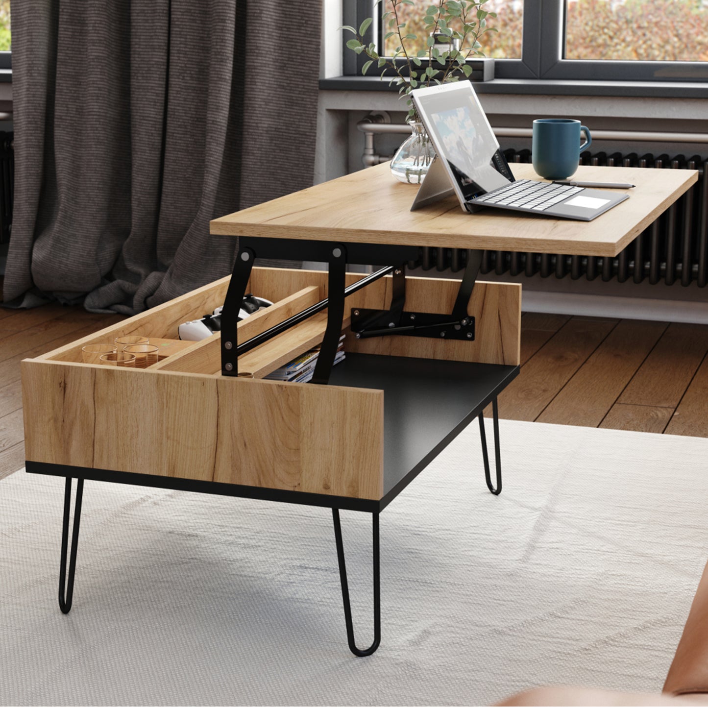 Hairpin S-90 Modern Lift Top Coffee Table - Gold Craft Oak / Black