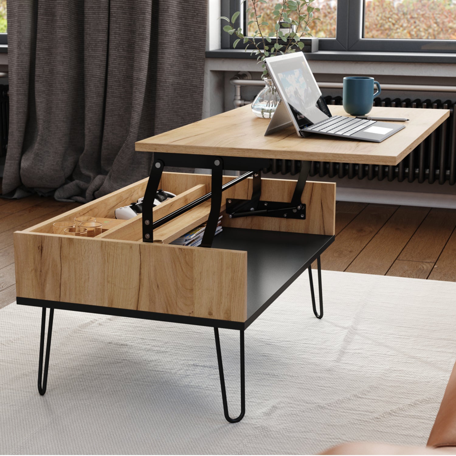 Hairpin S-90 Modern Lift Top Coffee Table - Gold Craft Oak / Black