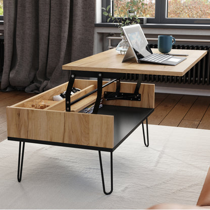 Hairpin S-90 Modern Lift Top Coffee Table - Gold Craft Oak / Black