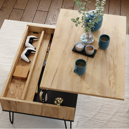 Hairpin S-90 Modern Lift Top Coffee Table - Gold Craft Oak / Black