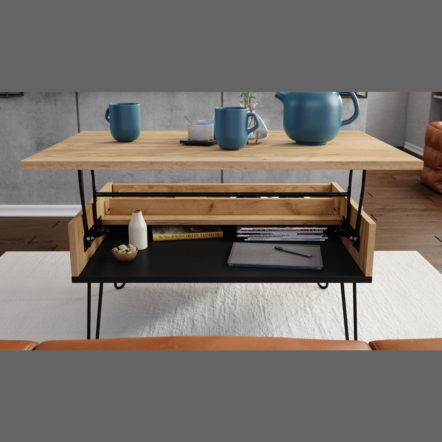 Hairpin S-90 Modern Lift Top Coffee Table - Gold Craft Oak / Black