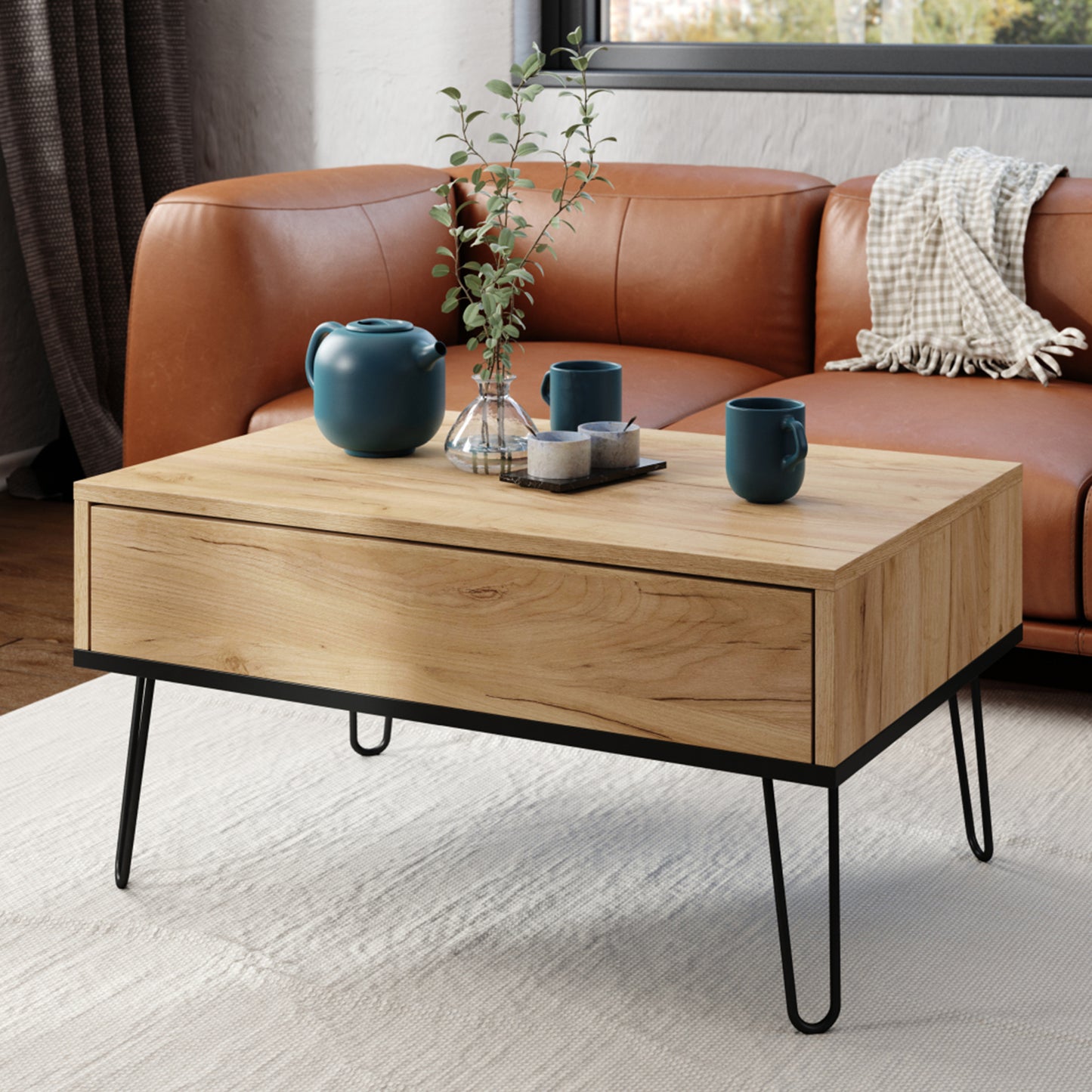 Hairpin S-90 Modern Lift Top Coffee Table - Gold Craft Oak / Black