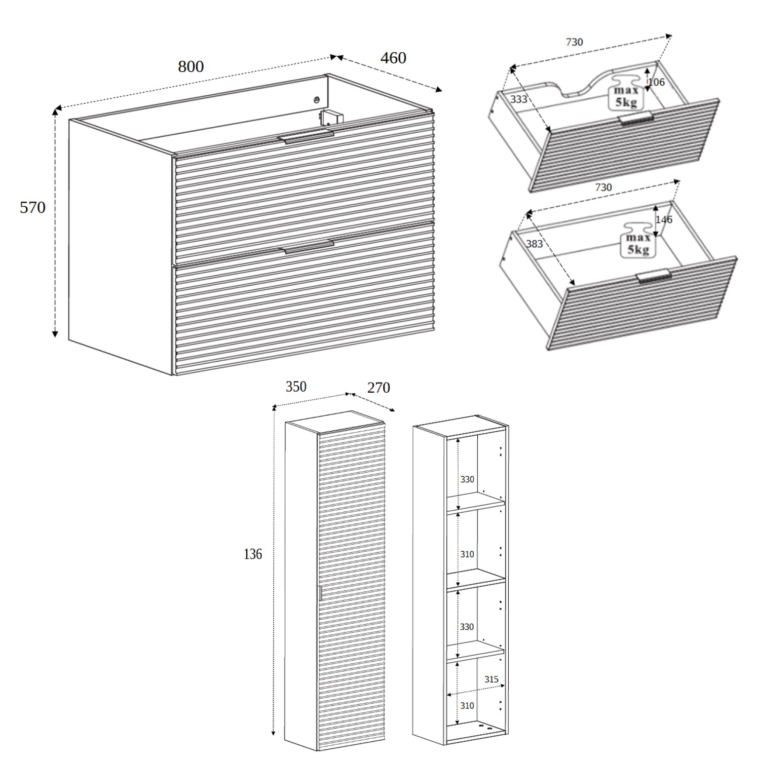 Loft Modern Style Ribbed Door Bathroom Cabines Vanity Units Set with Worktop 80cm & 35cm - Gold Craft Oak