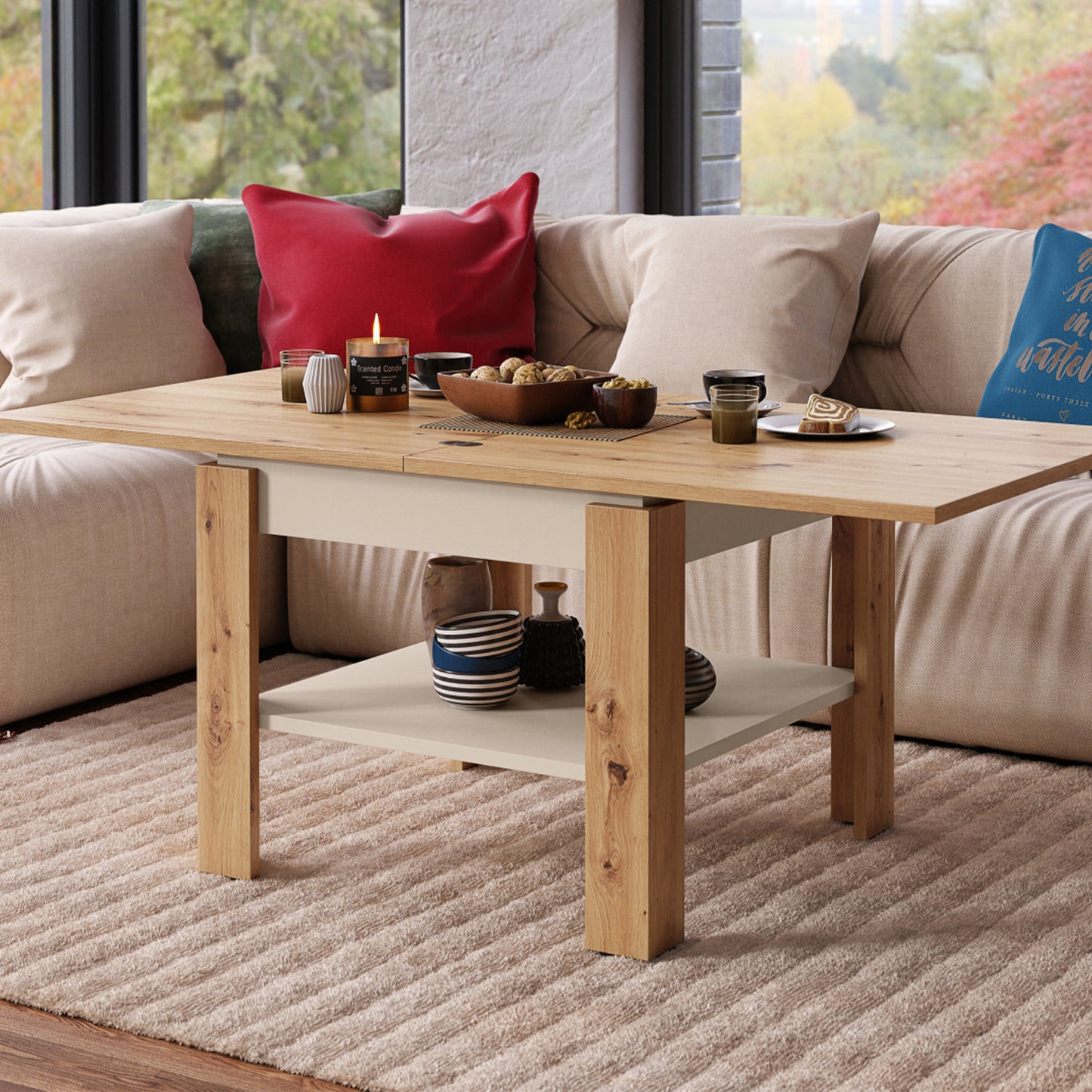 Leo Modern Extending Coffee Table - Artisan Oak / Beige