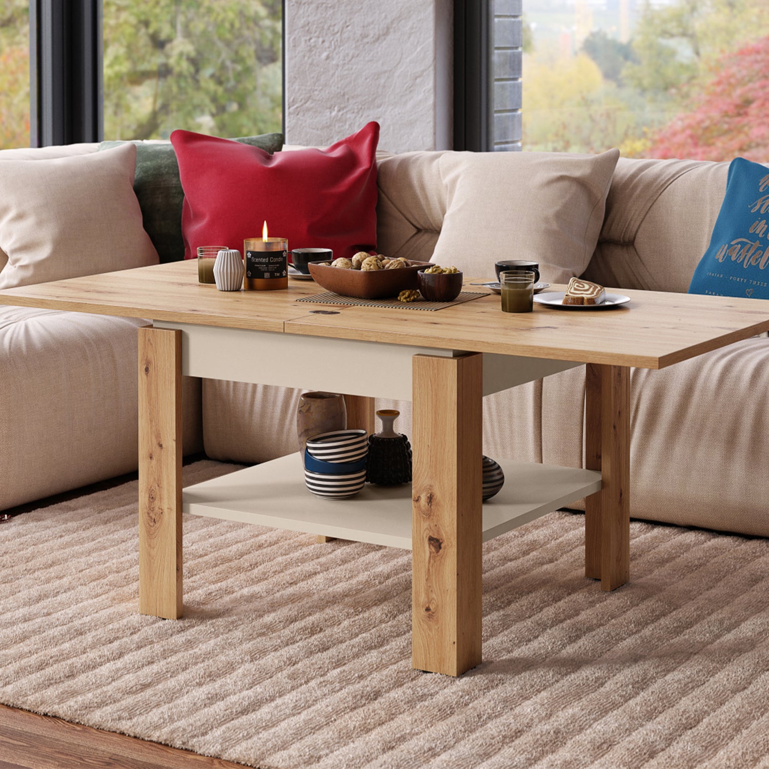Leo Modern Extending Coffee Table - Artisan Oak / Beige