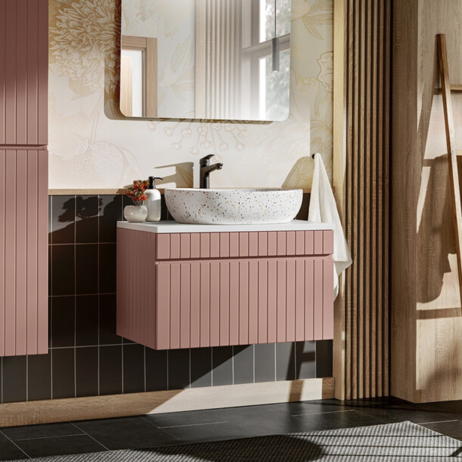 Iconic 80cm 1 Drawer Wall Mounted Bathroom Cabinet Vanity Unit with Worktop Basin - Rose