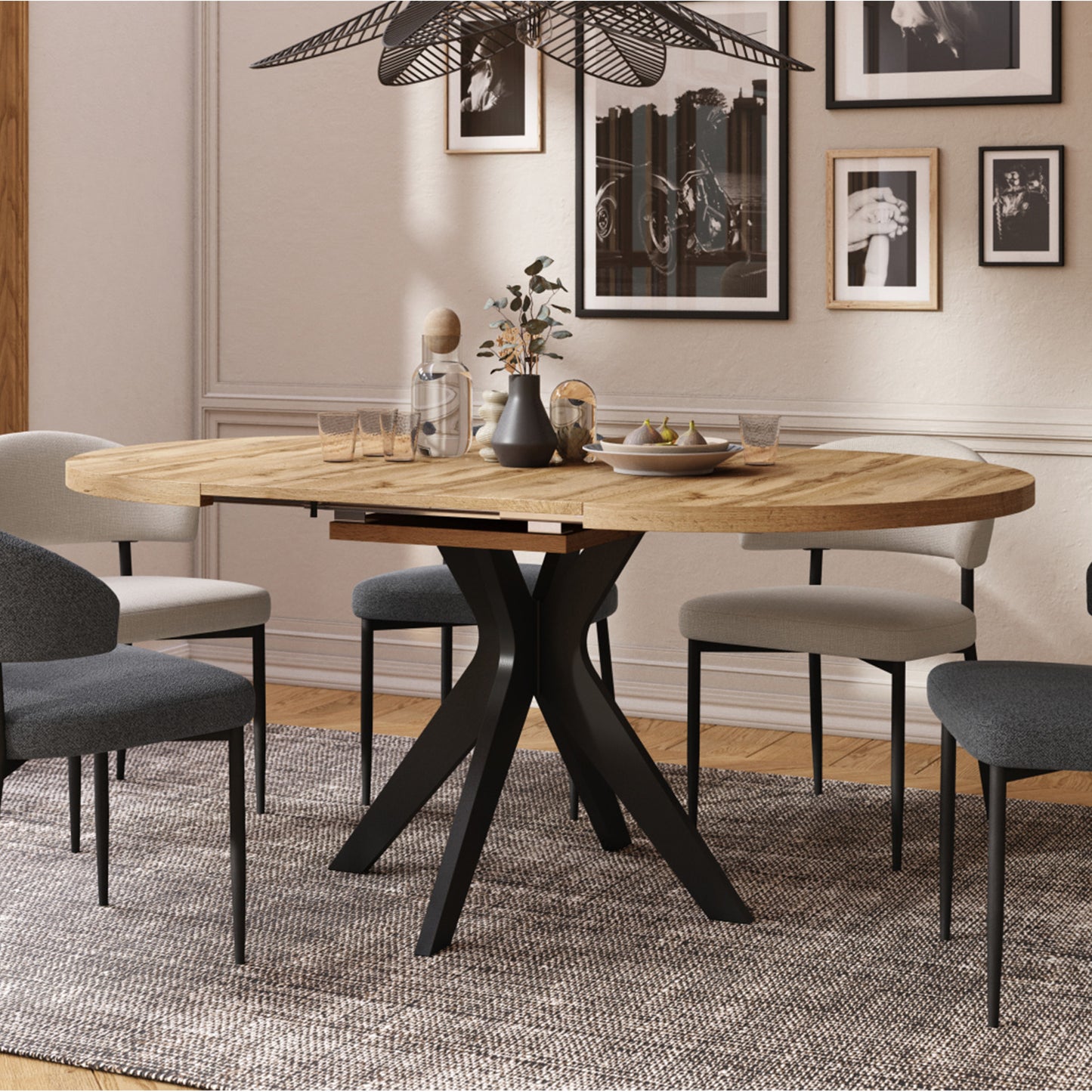 Renzo Extending Modern Dining Table – Wotan Oak / Black Matt